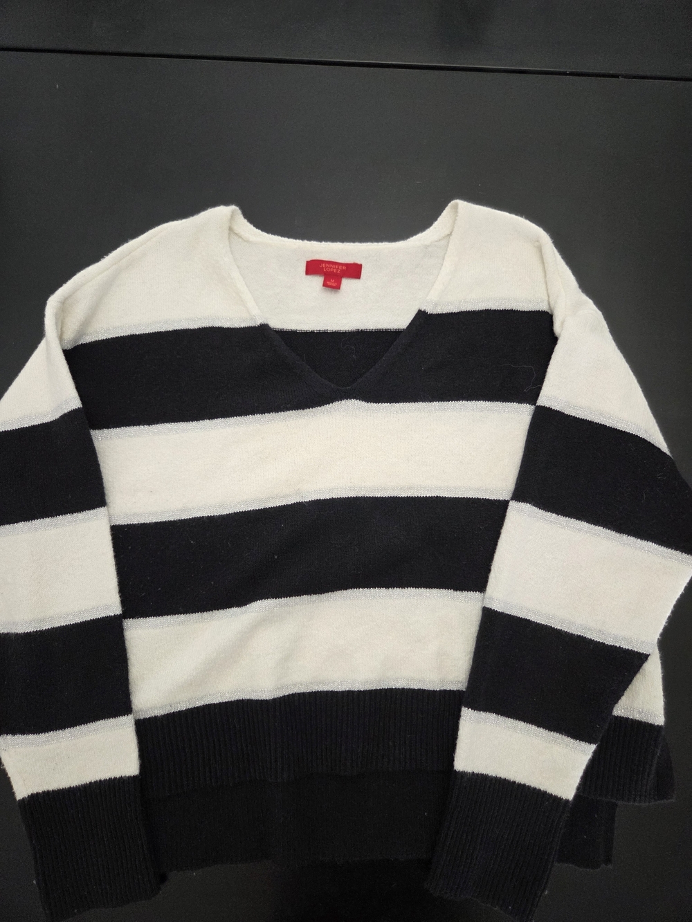 Jennifer Lopez Black & White Striped V-Neck Sweater